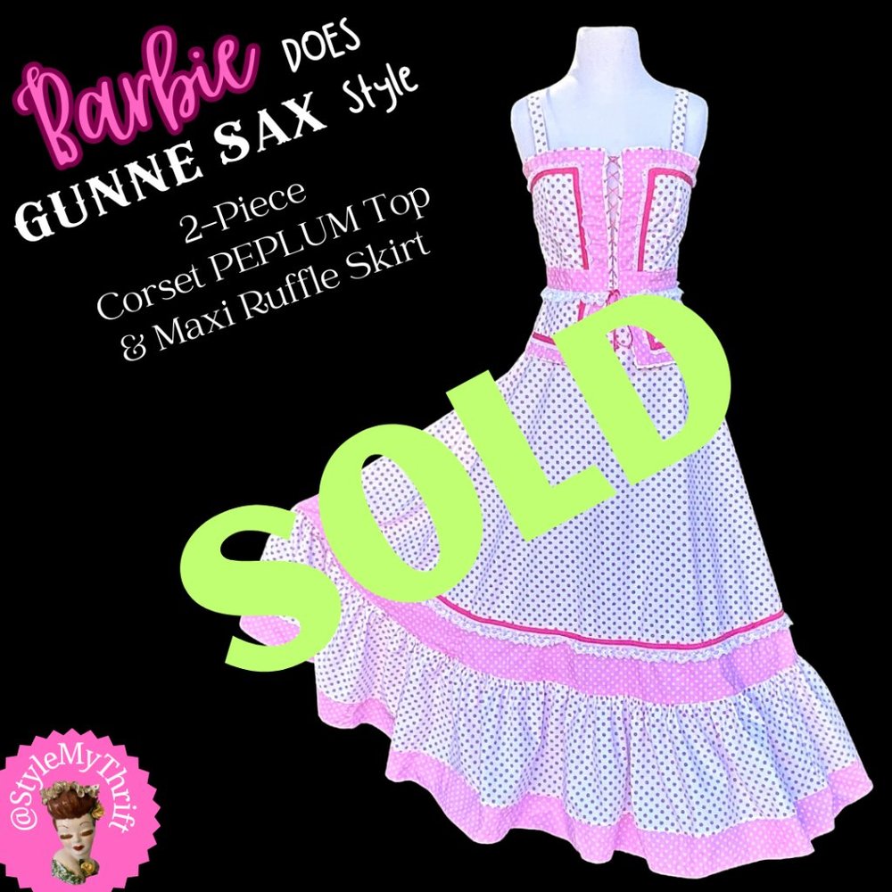 Barbie Gunne Sax Style Peplum Top Skirt SunDress Pink Dots Lace Cosplay Costume